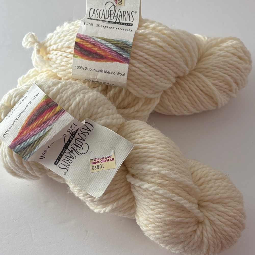 Cascade Yarns 128 Superwash 100% Merino Wool 100 Grams 128 Yards Cream 2 Skeins